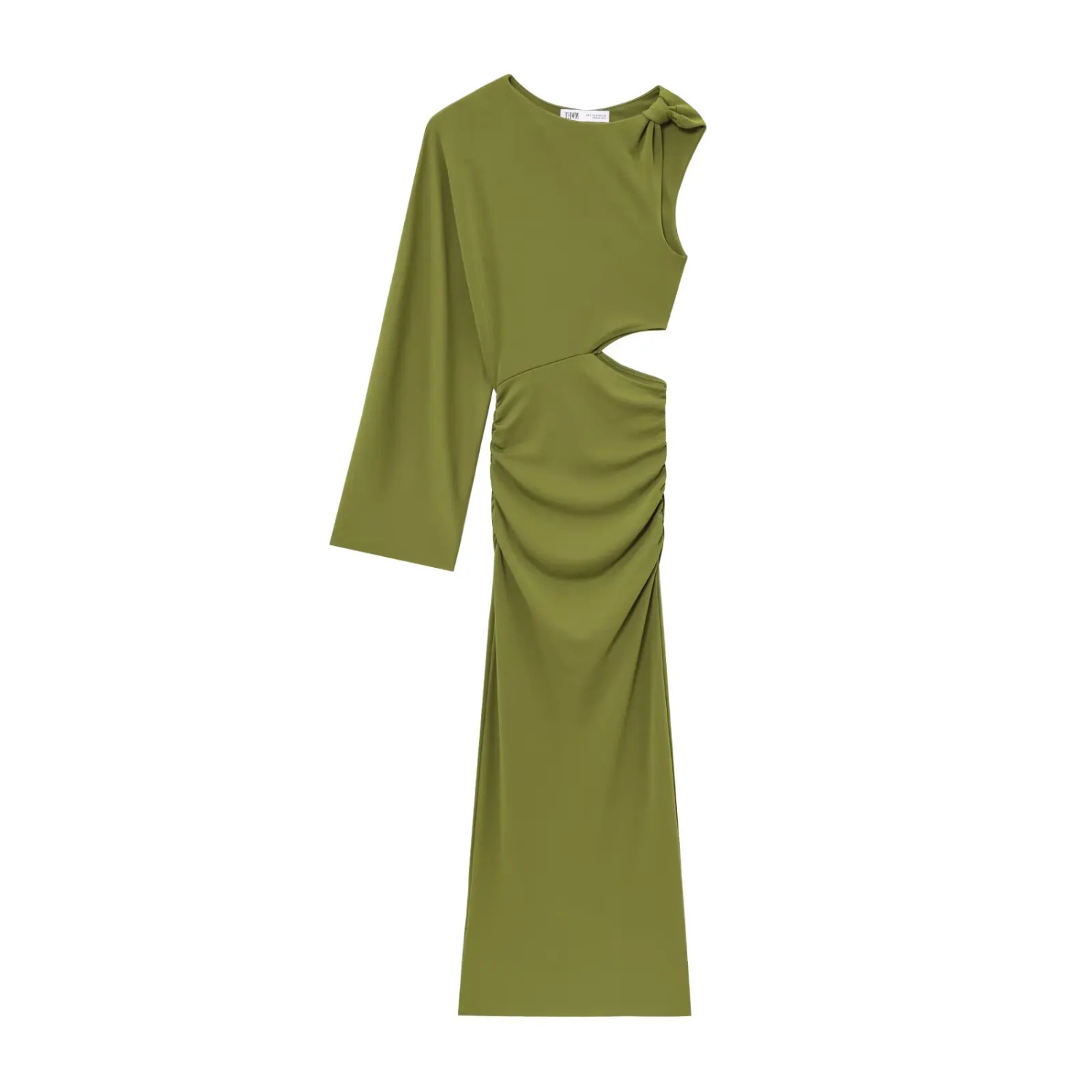Isla | Green Long Dress with One-Shoulder Sleeve and Hollow Waist