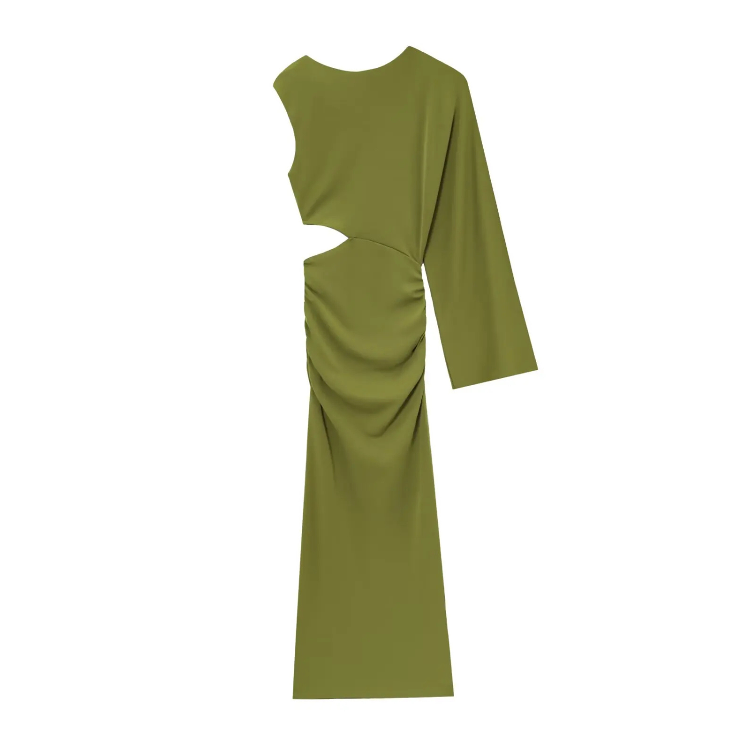 Isla | Green Long Dress with One-Shoulder Sleeve and Hollow Waist